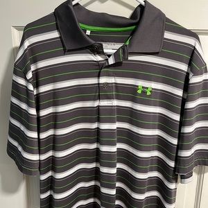 Men’s Under Armour Heat Gear polo. Gray, green and white stripes. Size XL